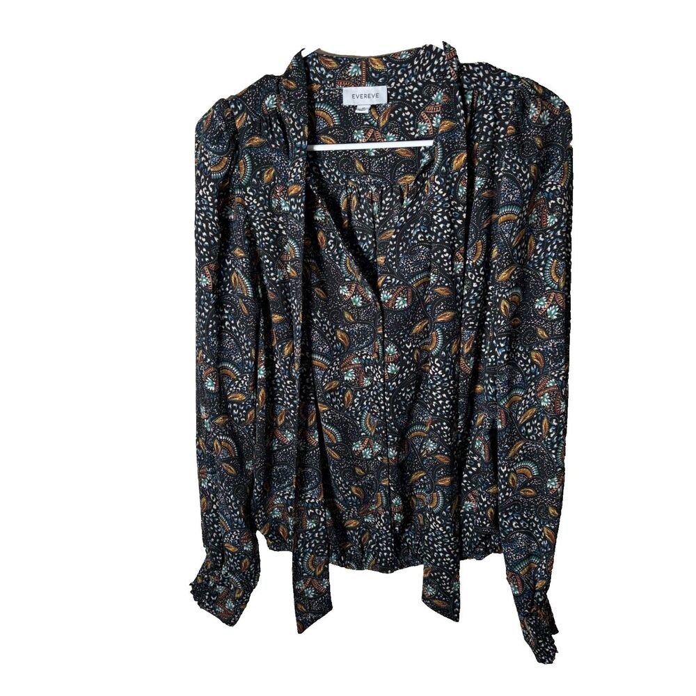 Evereve Blouse Women's Medium Black Floral V-Neck Draped Long Sleeve Artsy Top